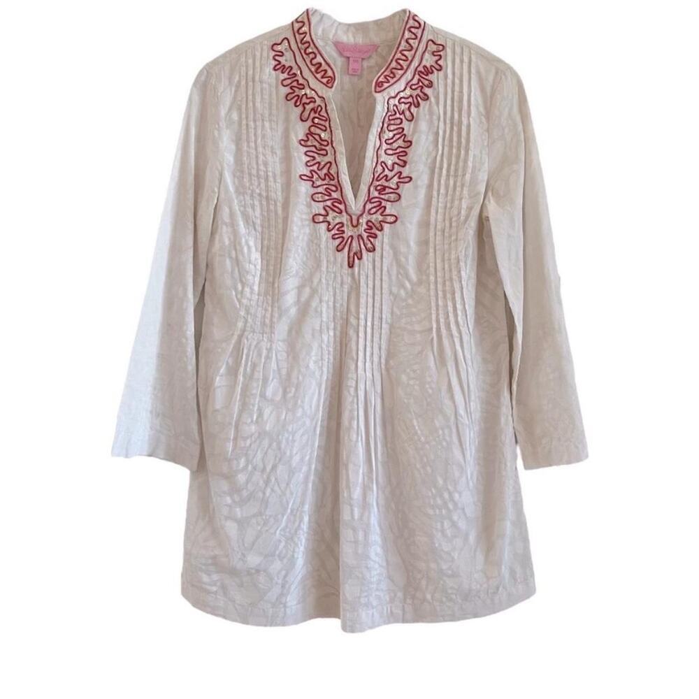 Lily Pulitzer White and pink embroidered v neck tunic top/ blouse white S - Crew